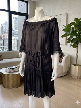 See By Chloe ink Navy off Shoulder Pleated Dress with Lace Trim